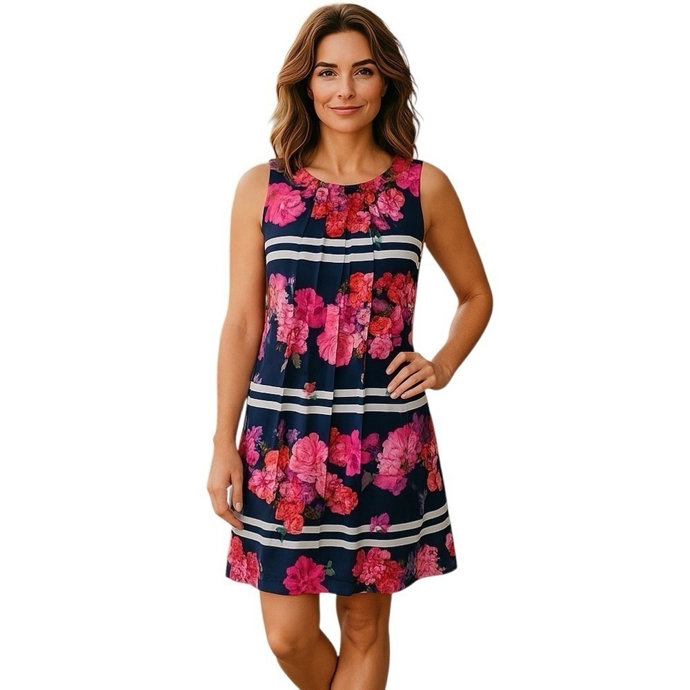 Vince Camuto Floral Dress Stipes Pleated Navy Blue Pink Sleeveless Classic Sz XS